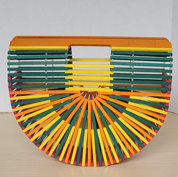 One Mango Fashion Colorful Bamboo Handbag Handmade Weave Beach Bag Tote - Picture 3 of 15